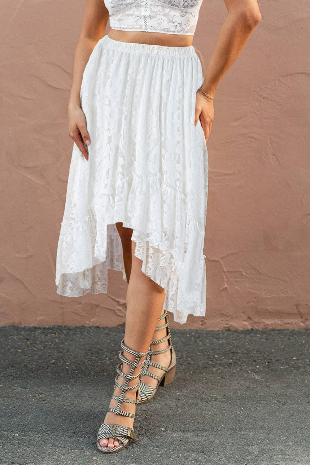 White Lace Ruffled High-low Hem Midi Skirt Skirts & Petticoat JT's Designer Fashion