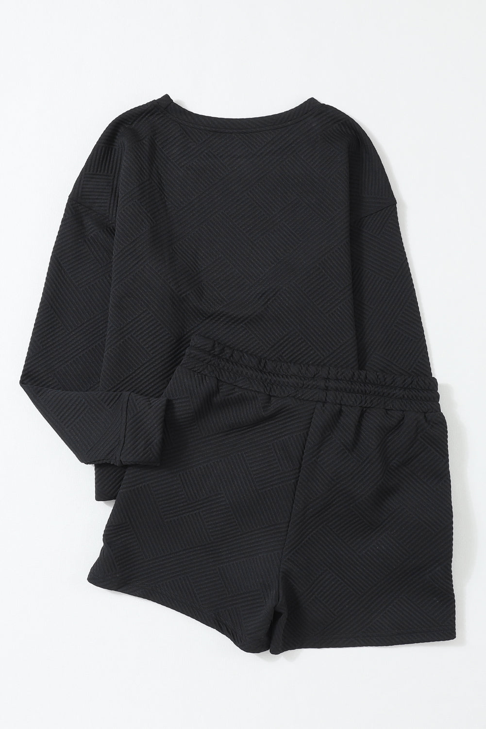 Black Textured Long Sleeve Top and Drawstring Shorts Set Short Sets JT's Designer Fashion