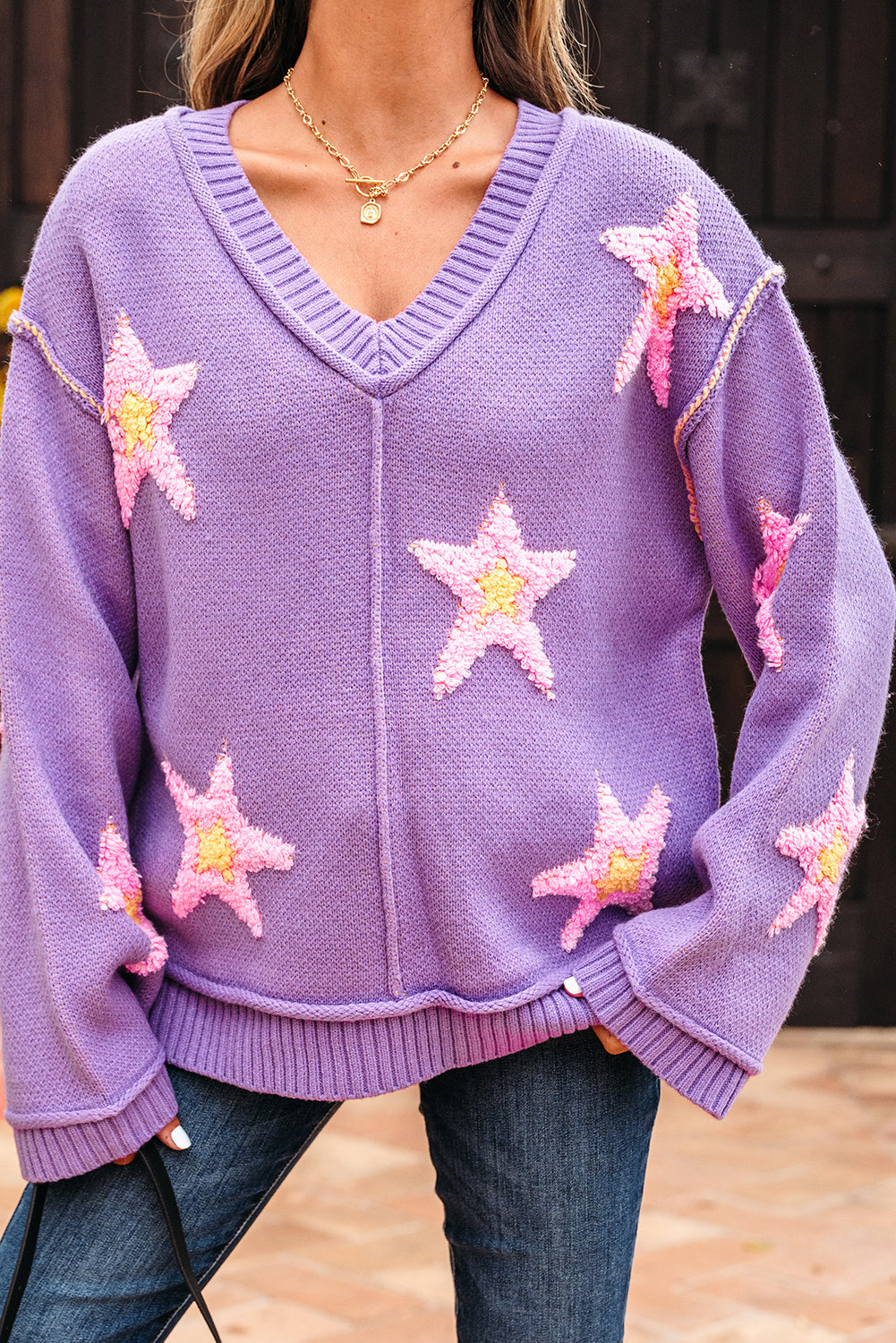 Lavendula Brushed Star Graphic V Neck Drop Shoulder Oversize Sweater Sweaters JT's Designer Fashion
