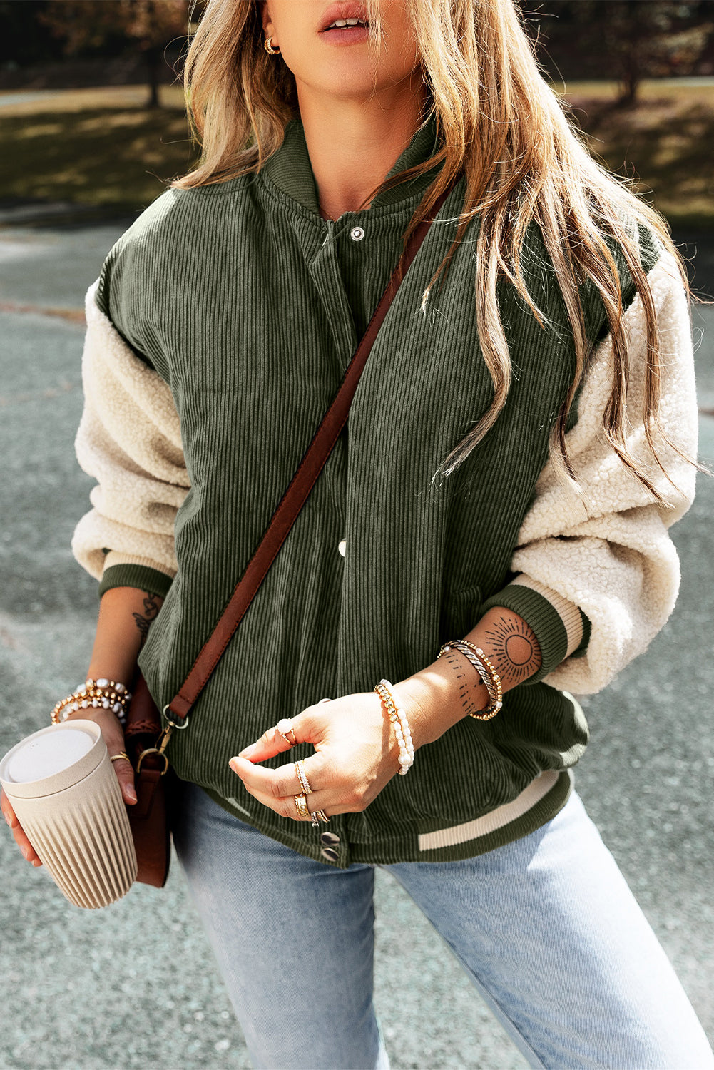 Mist Green Corduroy Fleece Patchwork Buttoned Bomber Jacket Jackets JT's Designer Fashion