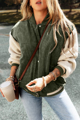 Mist Green Corduroy Fleece Patchwork Buttoned Bomber Jacket Jackets JT's Designer Fashion