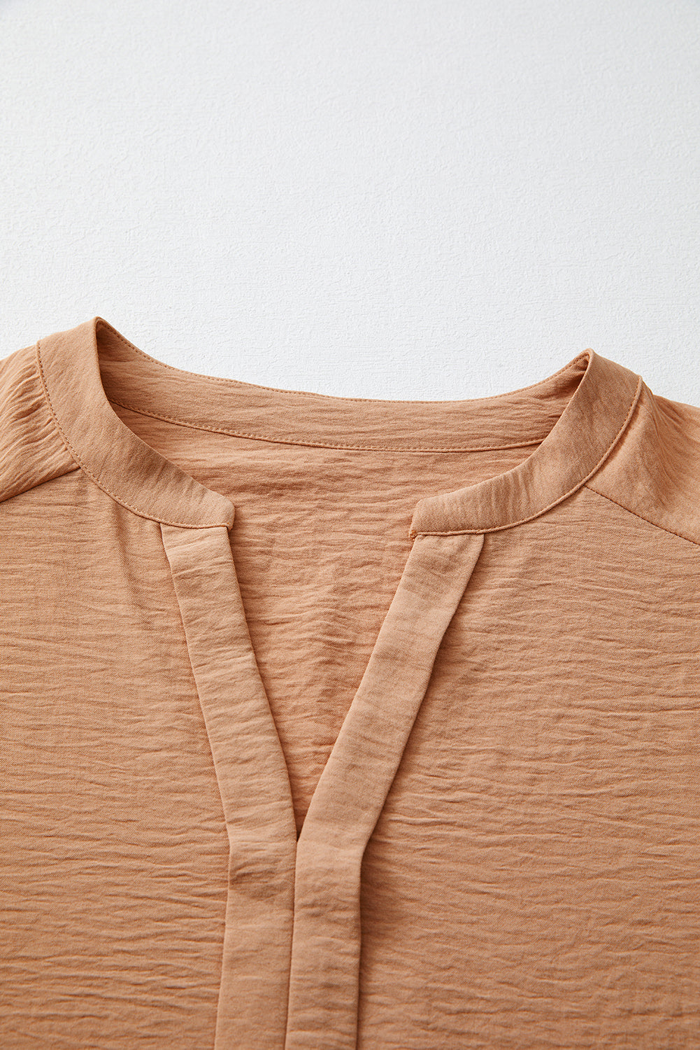 Straw Yellow Solid Color Shirred Cuff Notch V Neck Blouse Blouses & Shirts JT's Designer Fashion