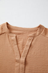 Straw Yellow Solid Color Shirred Cuff Notch V Neck Blouse Blouses & Shirts JT's Designer Fashion