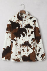 Zip Collar Cow Print Fleece Sweatshirt Sweatshirts & Hoodies JT's Designer Fashion