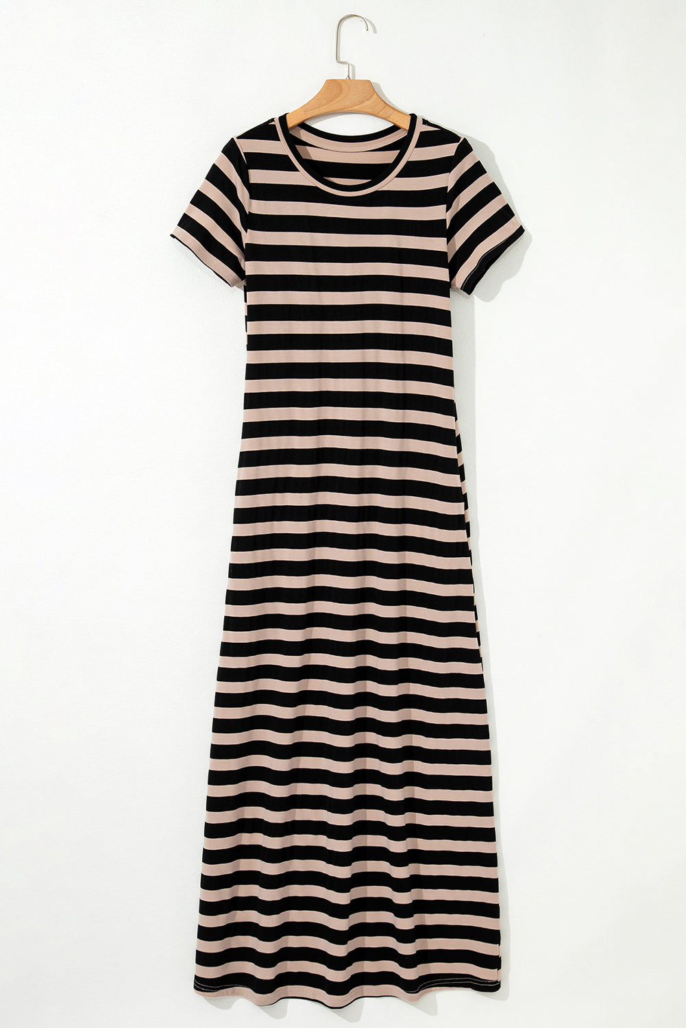 Black Stripe Casual Round Neck T-shirt Maxi Dress with Pockets T Shirt Dresses JT's Designer Fashion