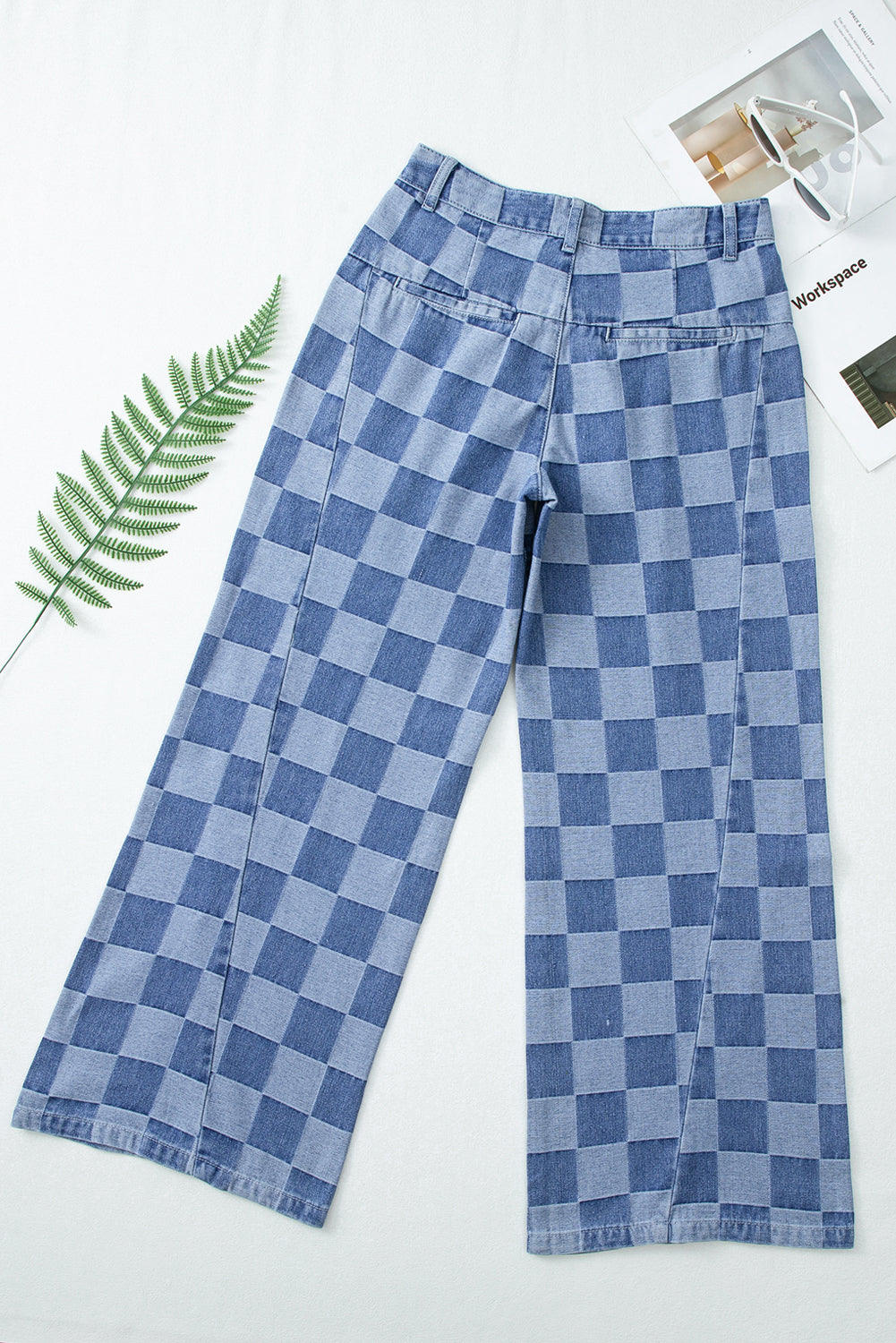 Dusk Blue Checkered Denim Wide Leg Jeans Jeans JT's Designer Fashion