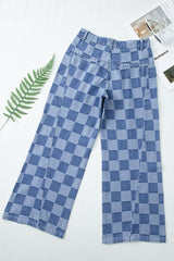Dusk Blue Checkered Denim Wide Leg Jeans Jeans JT's Designer Fashion