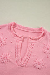 Peach Blossom Flower Detail Knitted Notched Neck Sweater Sweaters JT's Designer Fashion