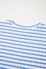 Sky Blue Stripe Knitted Short Sleeve Top and Drawstring Shorts Set Short Sets JT's Designer Fashion