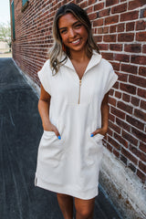 White Textured Half Zip Collared Cap Sleeve Mini Dress Mini Dresses JT's Designer Fashion