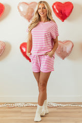 Rose Stripe Crew Neck T Shirt and Drawstring Shorts Set Short Sets JT's Designer Fashion