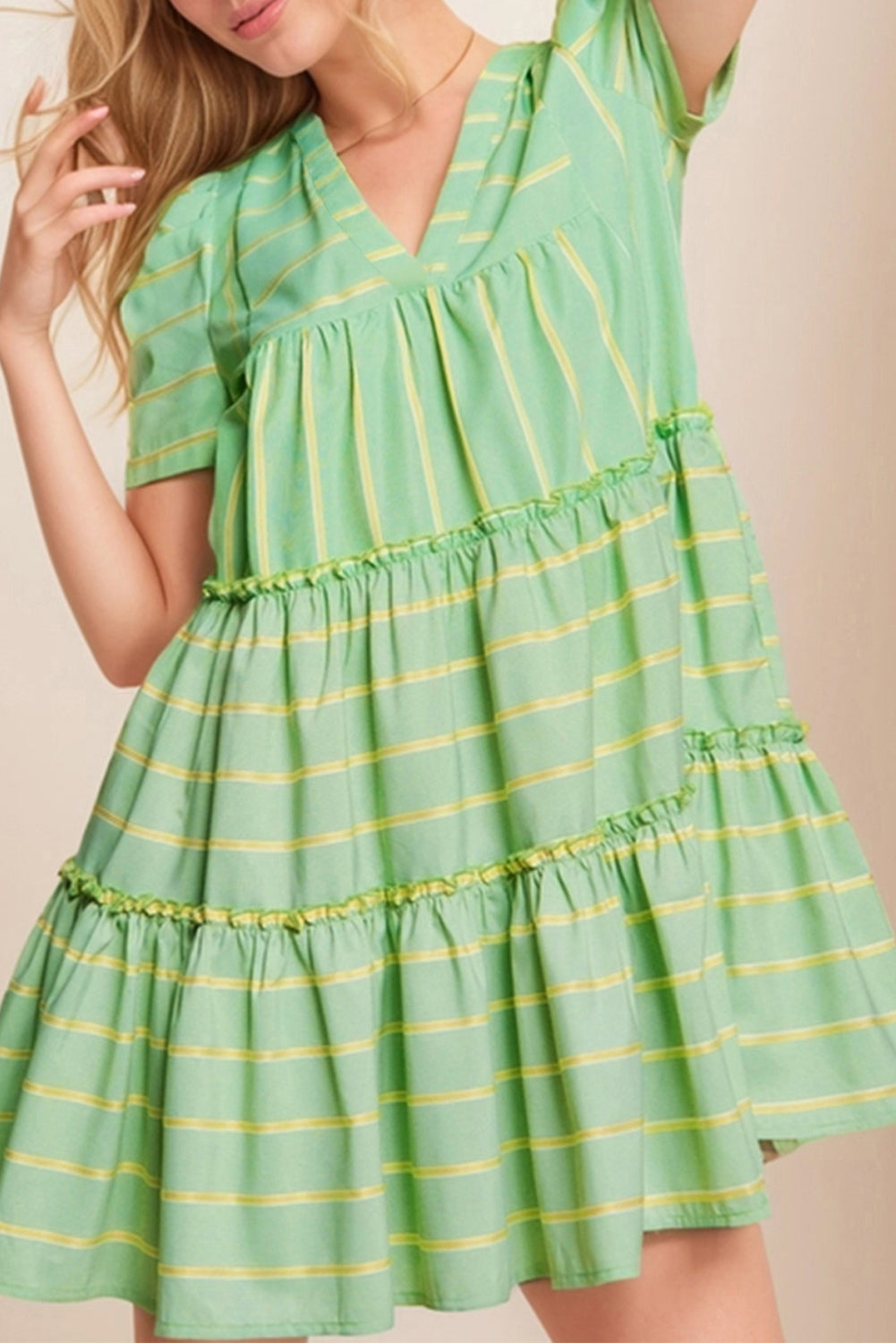 Green Stripe V Neck Short Sleeve Frilled Detail A-line Dress Dresses JT's Designer Fashion