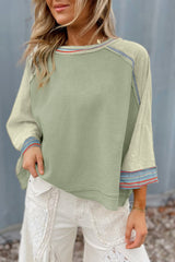 Meadow Mist Green Waffle Knit Wide Bracelet Sleeve Patchwork Raglan Top Long Sleeve Tops JT's Designer Fashion