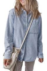 Beau Blue Long Sleeve Buttoned Chest Pocket Denim Shacket Denim Jackets JT's Designer Fashion