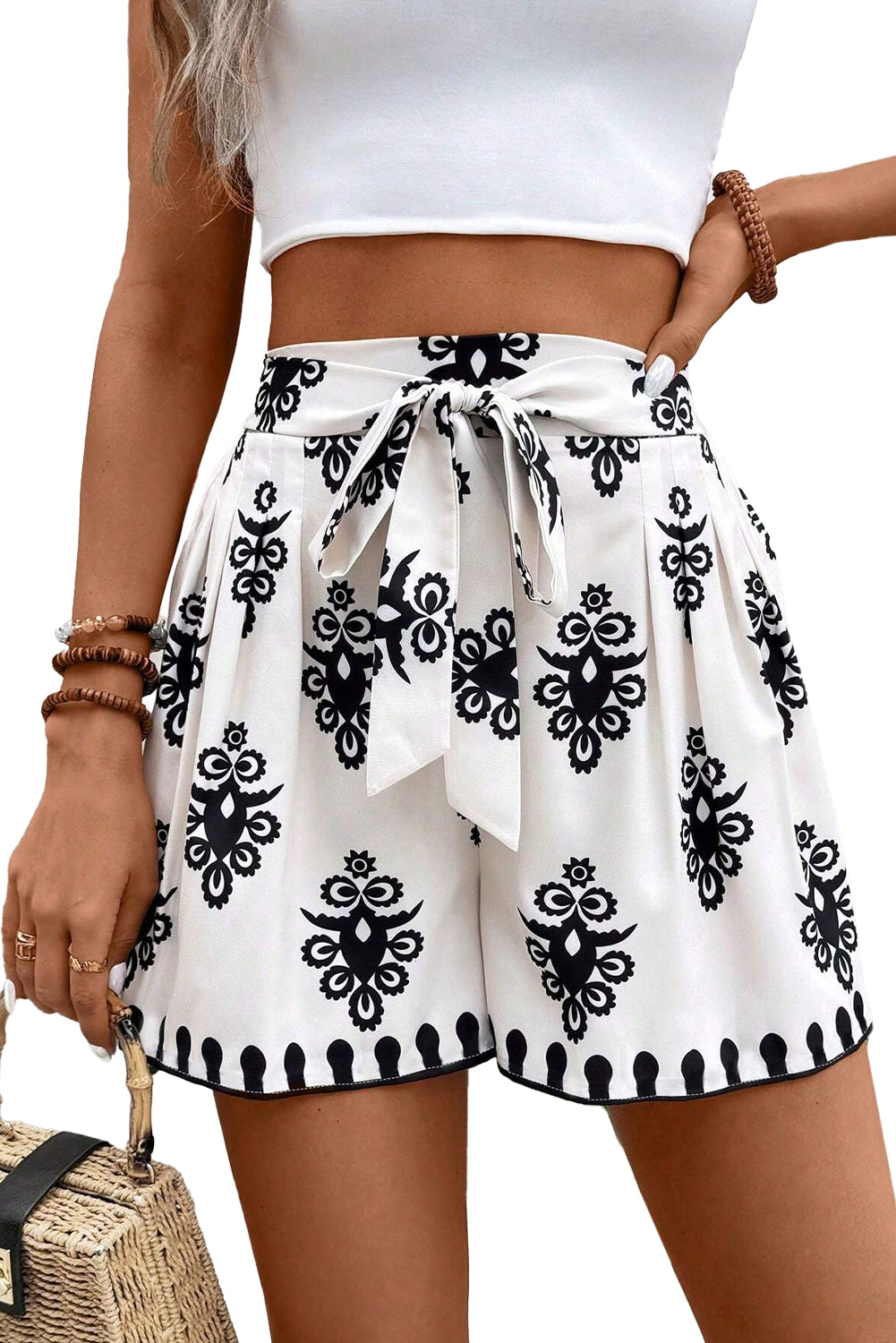 Black Tribal Geometric Print Belted High Waist Casual Shorts Casual Shorts JT's Designer Fashion