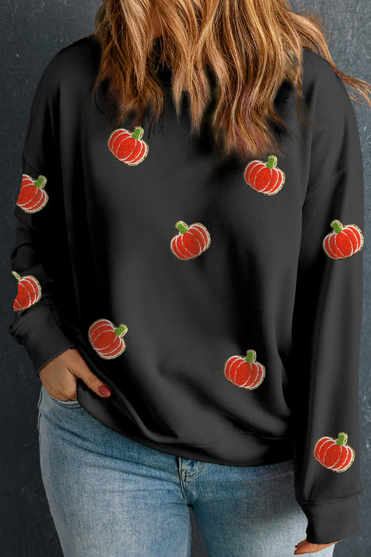 Black Chenille Pumpkin Patched Drop Shoulder Plus Size Sweatshirt Black 50%Polyester+50%Cotton Graphic Plus Size JT's Designer Fashion
