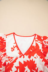 Red Floral Print Trimmed V Neck Ruffle Sleeve Long Dress Dresses JT's Designer Fashion