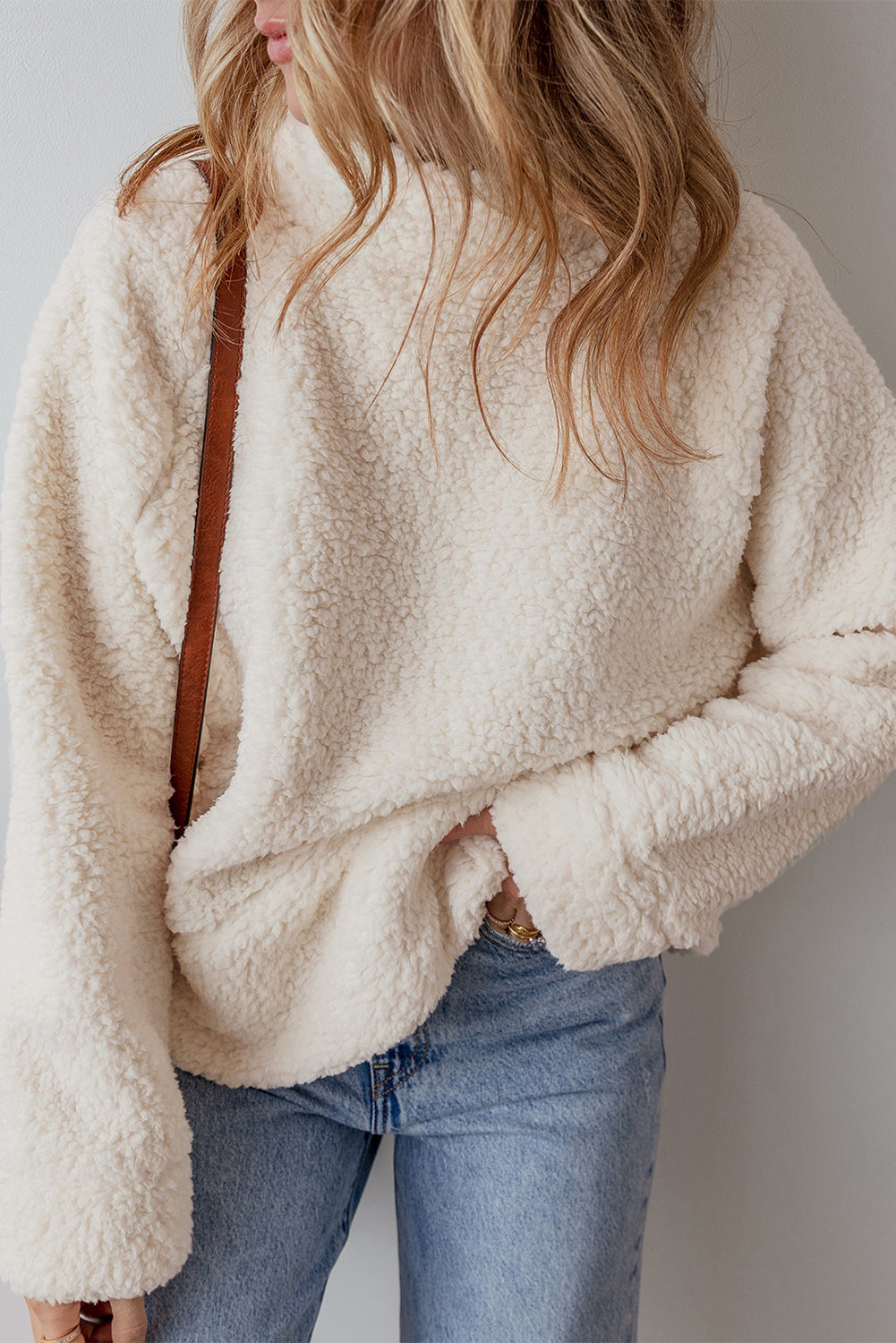 White Solid Fleece High Neck Drop Shoulder Pullover Sweatshirt Sweatshirts & Hoodies JT's Designer Fashion