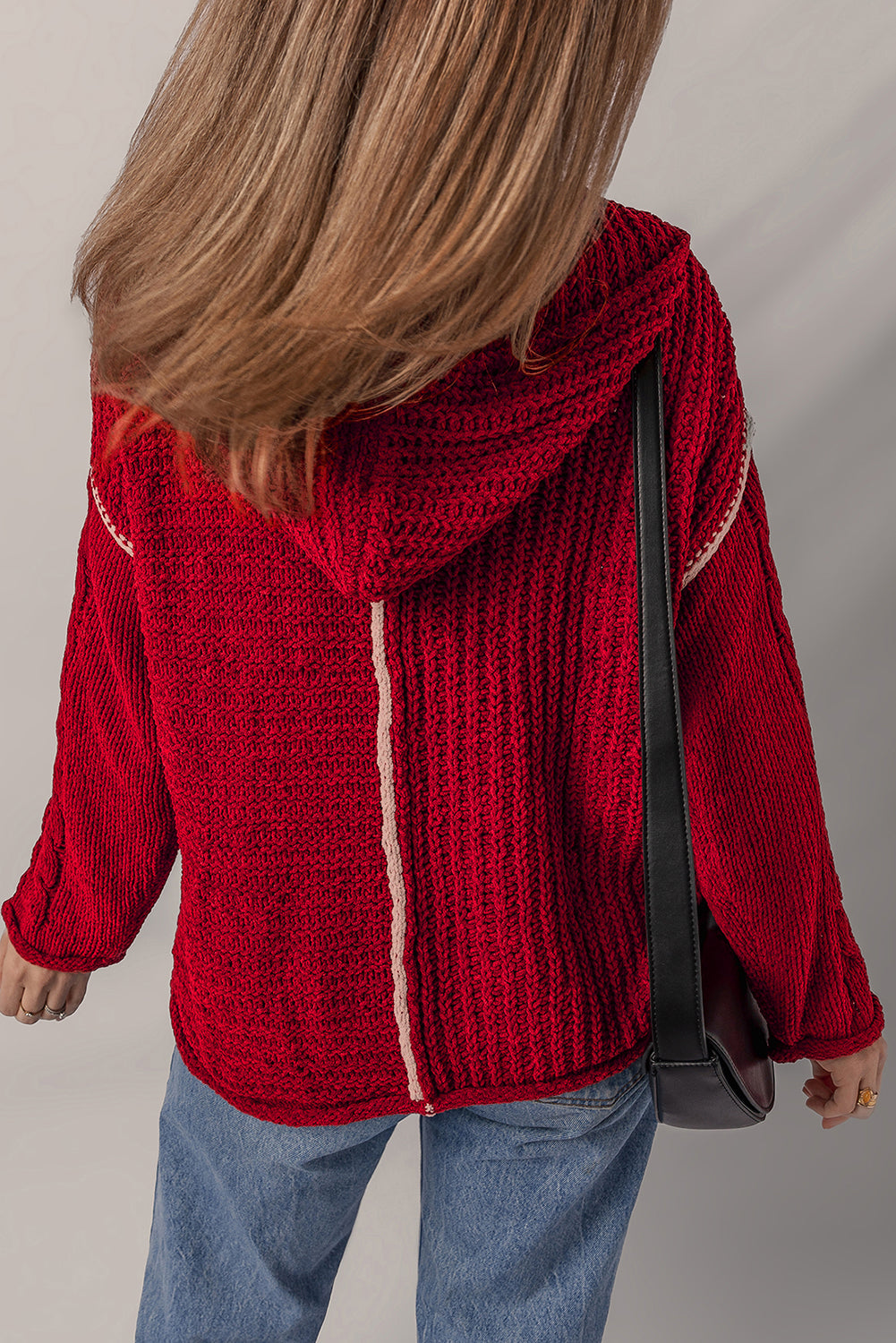 Racing Red Color Contrast Trim Textured Knit Drawstring Hooded Sweater Sweaters JT's Designer Fashion
