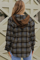 Contrast Hooded Drawstring Plaid Shacket Plaid Shackets JT's Designer Fashion