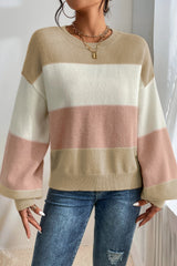 Dusty Pink Color Block Lantern Sleeve Drop Shoulder Sweater Sweaters JT's Designer Fashion