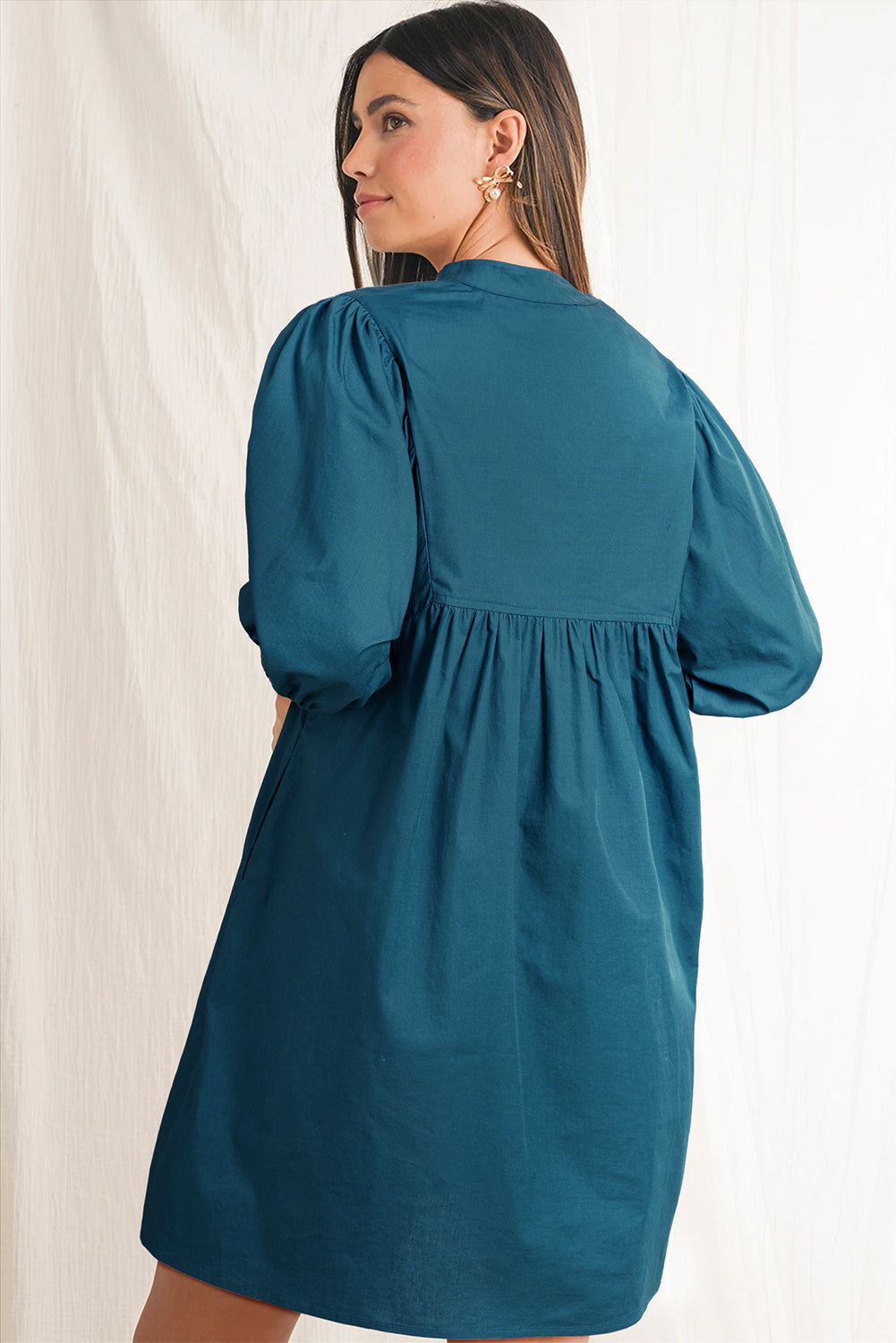 Blue Sapphire Colorblock Split V Neck Puff Sleeve Mini Dress Dresses JT's Designer Fashion
