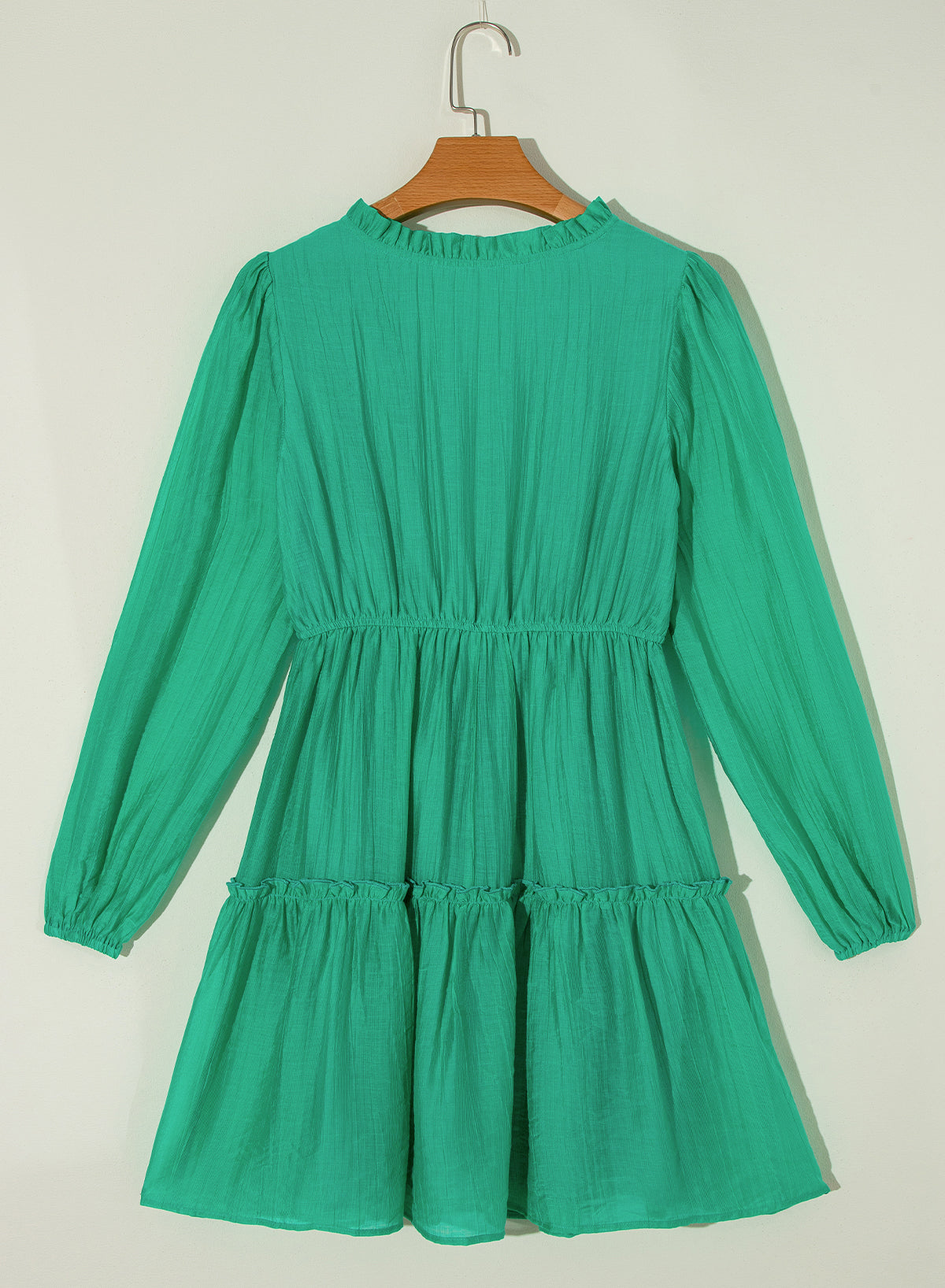 Sea Green Frilly V Neck Puff Sleeve Drawstring Shift Mini Dress Mini Dresses JT's Designer Fashion