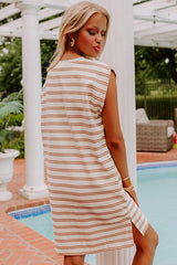 Khaki Stripe Round Neck Sleeveless Casual Pocketed Mini Dress Mini Dresses JT's Designer Fashion