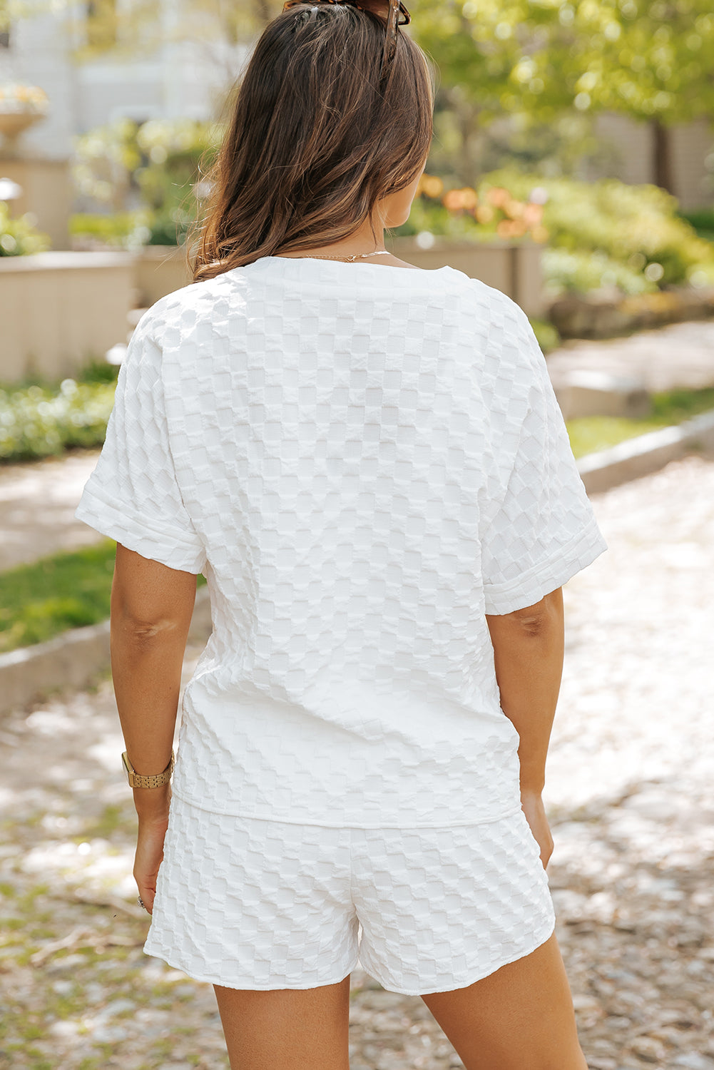 White Textured Split Neck Top and Drawstring Shorts Set Short Sets JT's Designer Fashion