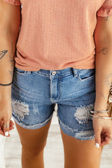 Distressed Ripped Rolled Hem Sky Blue Denim Shorts Denim Shorts JT's Designer Fashion