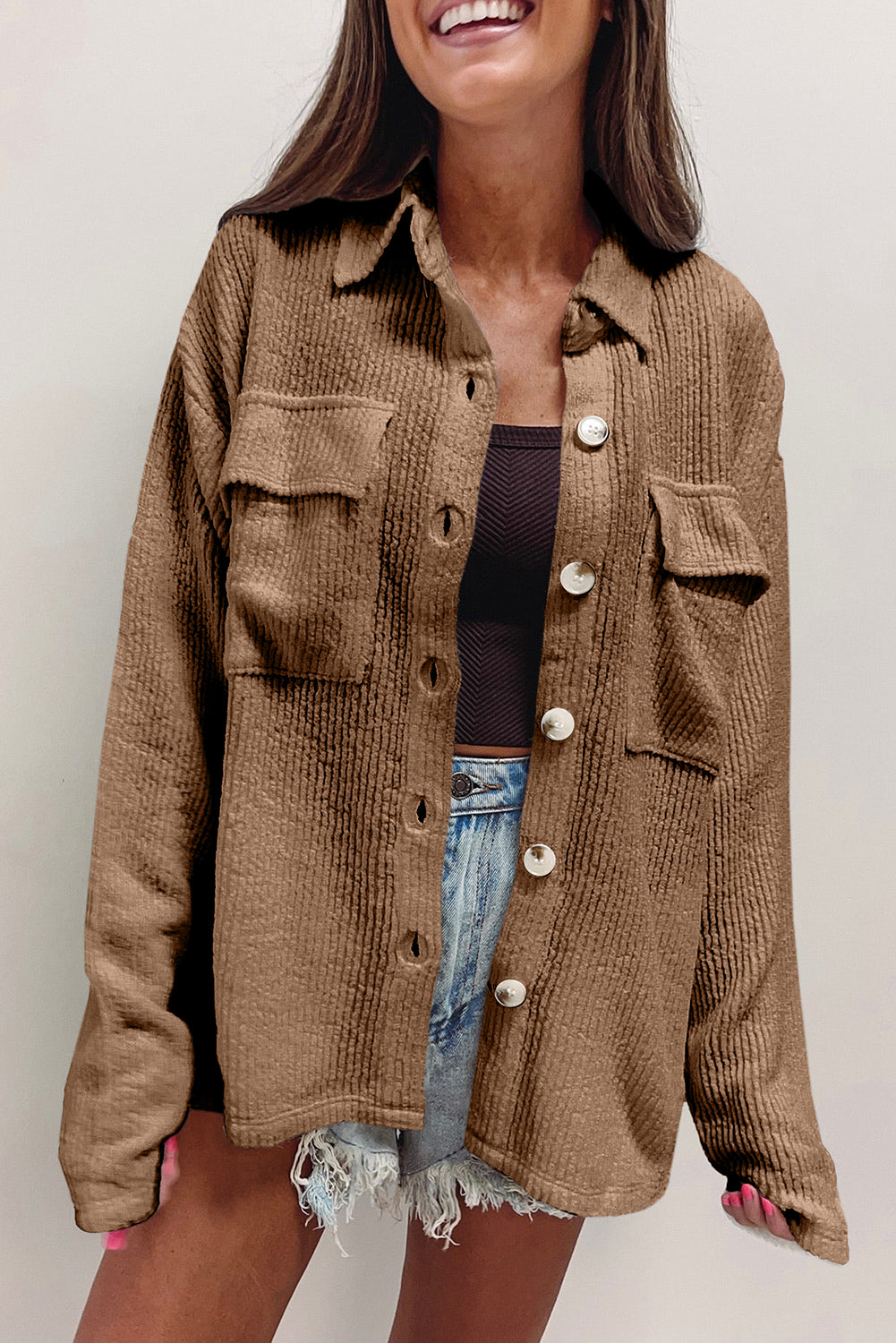 Dark Khaki Solid Color Corduroy Buttoned Long Sleeve Shacket Jackets JT's Designer Fashion