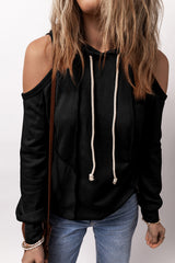 Black Exposed Seam Cold Shoulder Drawstring Hoodie Sweatshirts & Hoodies JT's Designer Fashion