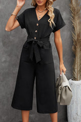 Black Dolman Button Belted V Neck Wide Leg Pocketed Jumpsuit Jumpsuits & Rompers JT's Designer Fashion