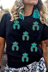 Black Western Turquoise Pattern Sequin Patched T Shirt Graphic Tees JT's Designer Fashion