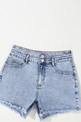 Beau Blue Rhinestone Light Wash Raw Hem High Waist Denim Shorts Denim Shorts JT's Designer Fashion