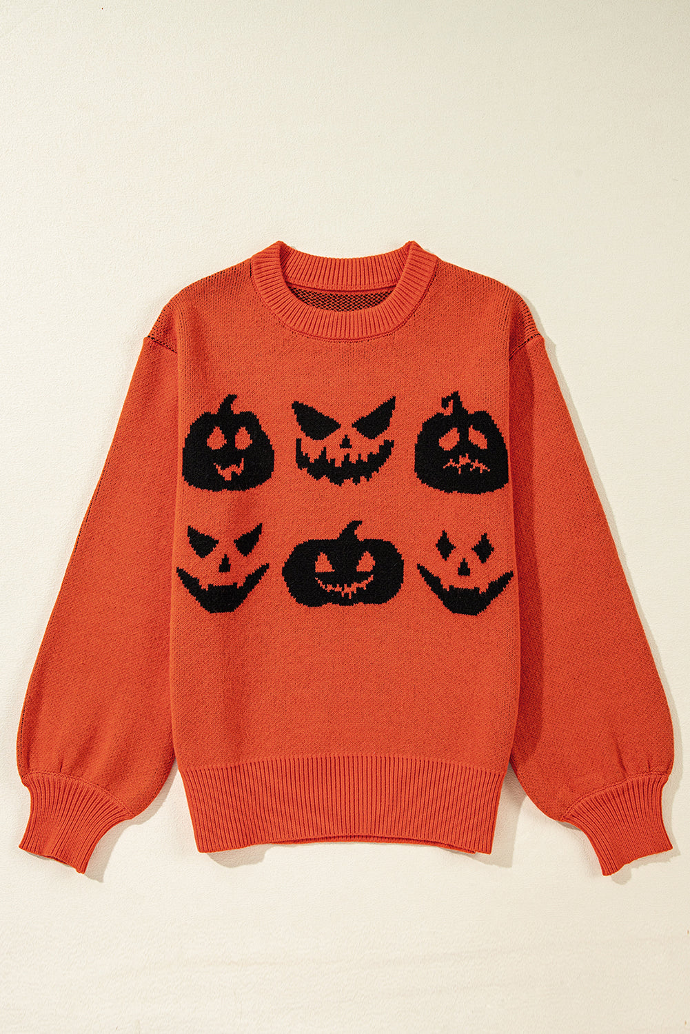 Orange Halloween Pumpkin Face Pattern Drop Shoulder Sweater Sweaters JT's Designer Fashion