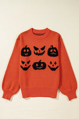 Orange Halloween Pumpkin Face Pattern Drop Shoulder Sweater Sweaters JT's Designer Fashion