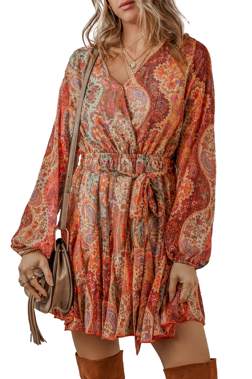 Orange Boho Paisley Print Long Sleeve Pleated Belted Mini Dress Mini Dresses JT's Designer Fashion