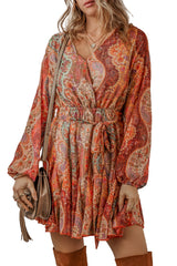 Orange Boho Paisley Print Long Sleeve Pleated Belted Mini Dress Mini Dresses JT's Designer Fashion