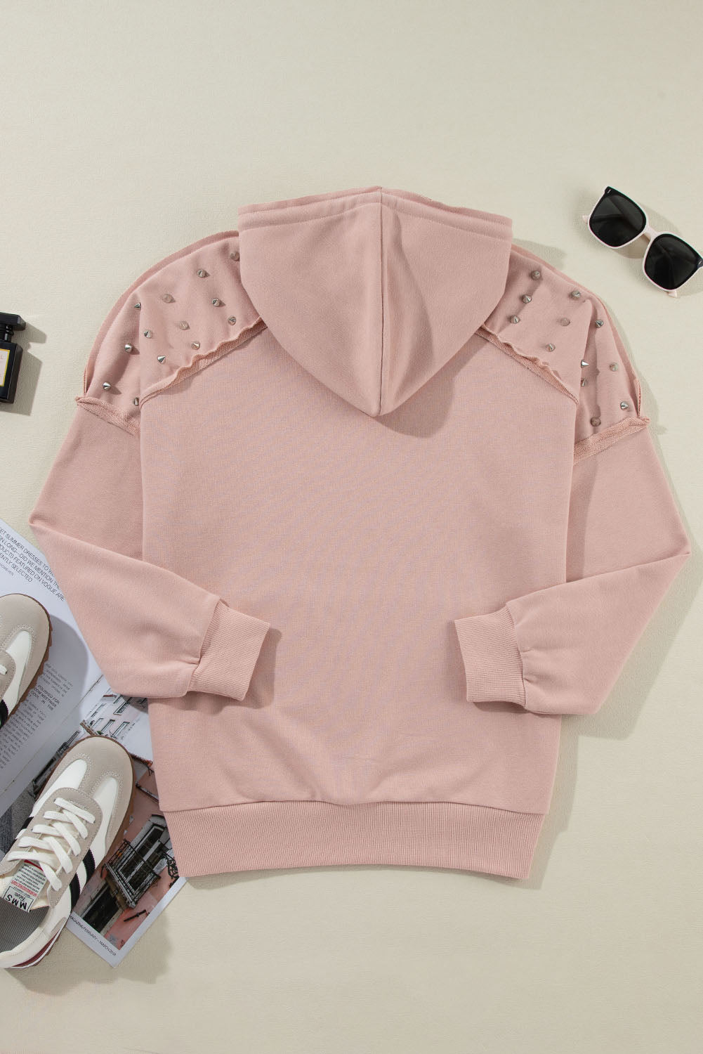 Fushia Solid Color Rivet Stud Raglan Sleeve Hoodie with Pocket Sweatshirts & Hoodies JT's Designer Fashion