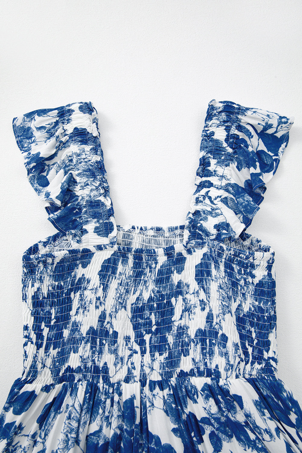 Blue Floral Ruffle Strap Square Neck Smocked Bodice Midi Dress Floral Dresses JT's Designer Fashion
