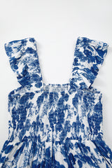 Blue Floral Ruffle Strap Square Neck Smocked Bodice Midi Dress Floral Dresses JT's Designer Fashion