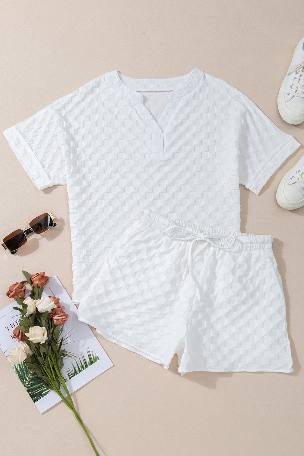 White Textured Split Neck Top and Drawstring Shorts Set Short Sets JT's Designer Fashion