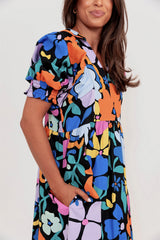 Blue Collared Split Neck Floral Flared Dress Floral Dresses JT's Designer Fashion