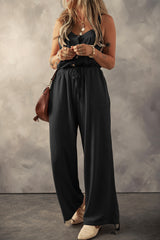 Black Knotted Straps Button Textured Drawstring Jumpsuit Bottoms JT's Designer Fashion