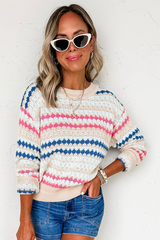 Khaki Stripe Eyelet Patterned Drop Shoulder Sweater Sweaters JT's Designer Fashion