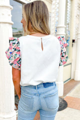 White Abstract Print Tiered Ruffled Sleeve Textured Knit Top Blouses & Shirts JT's Designer Fashion