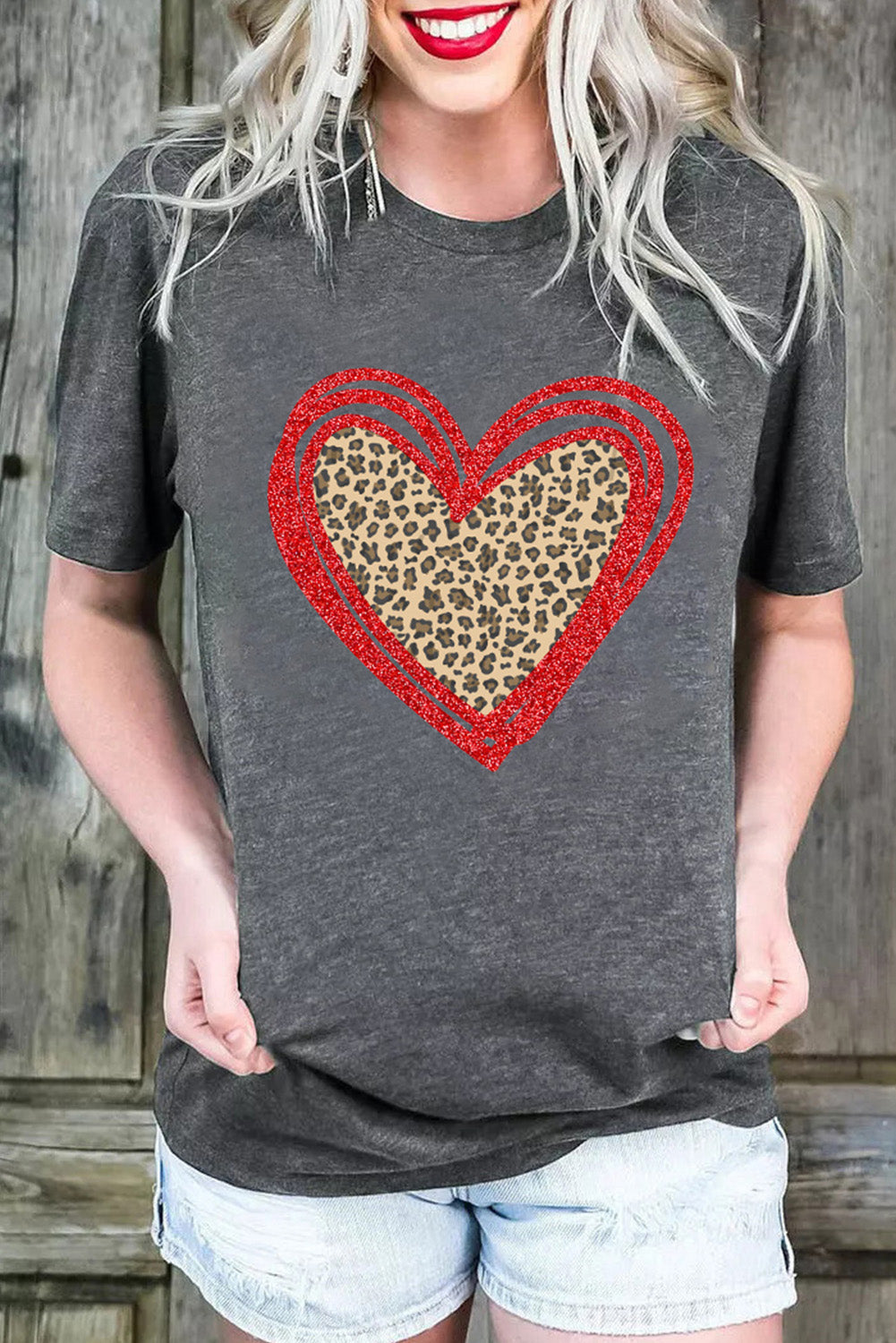 Gray Sequin Leopard Heart Graphic T-shirt Graphic Tees JT's Designer Fashion