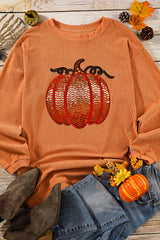 Orange Sequined Pumpkin Ribbed Round Neck Halloween Sweatshirt Graphic Sweatshirts JT's Designer Fashion