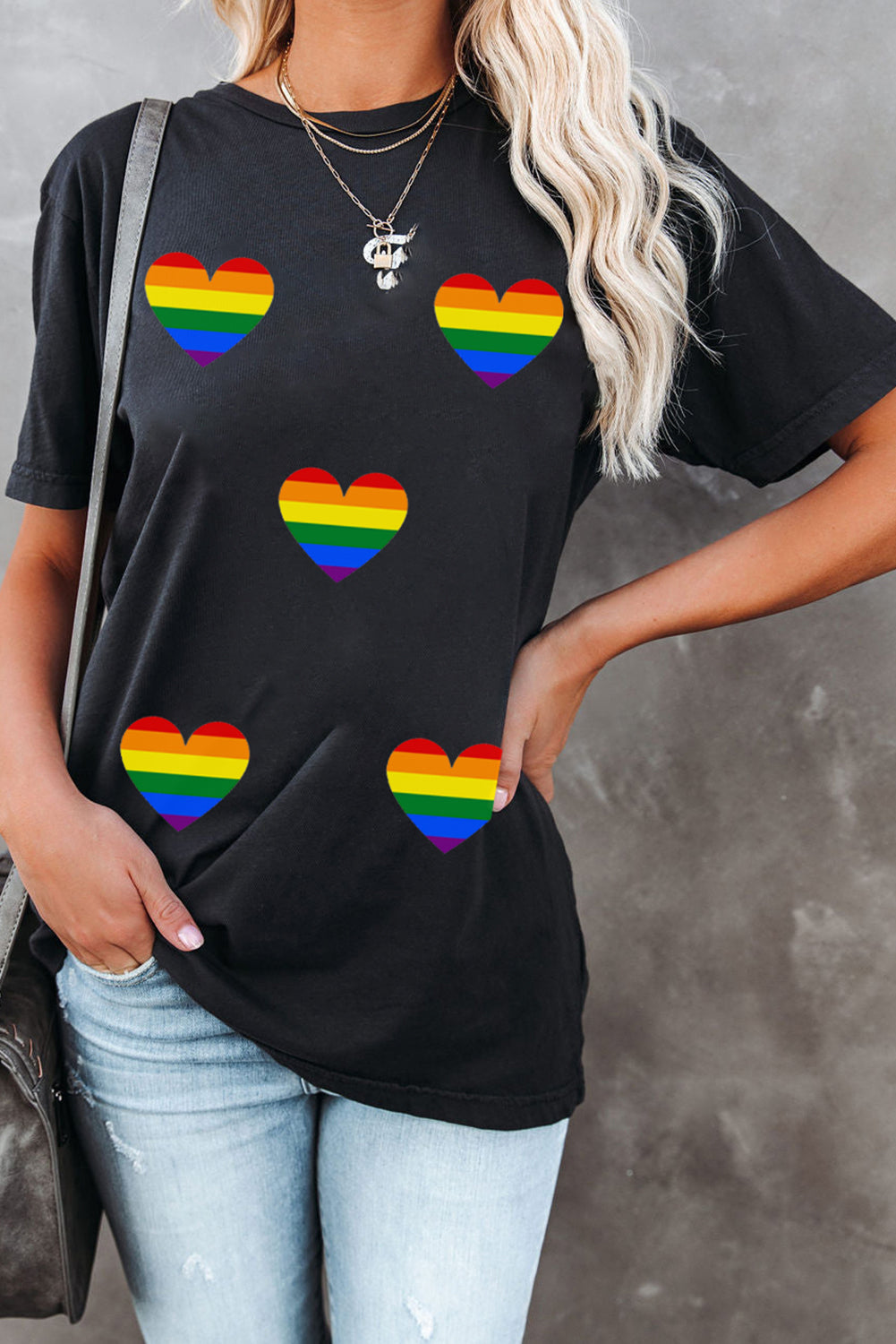 Black Heart Print Crew Neck Chic T Shirt Graphic Tees JT's Designer Fashion
